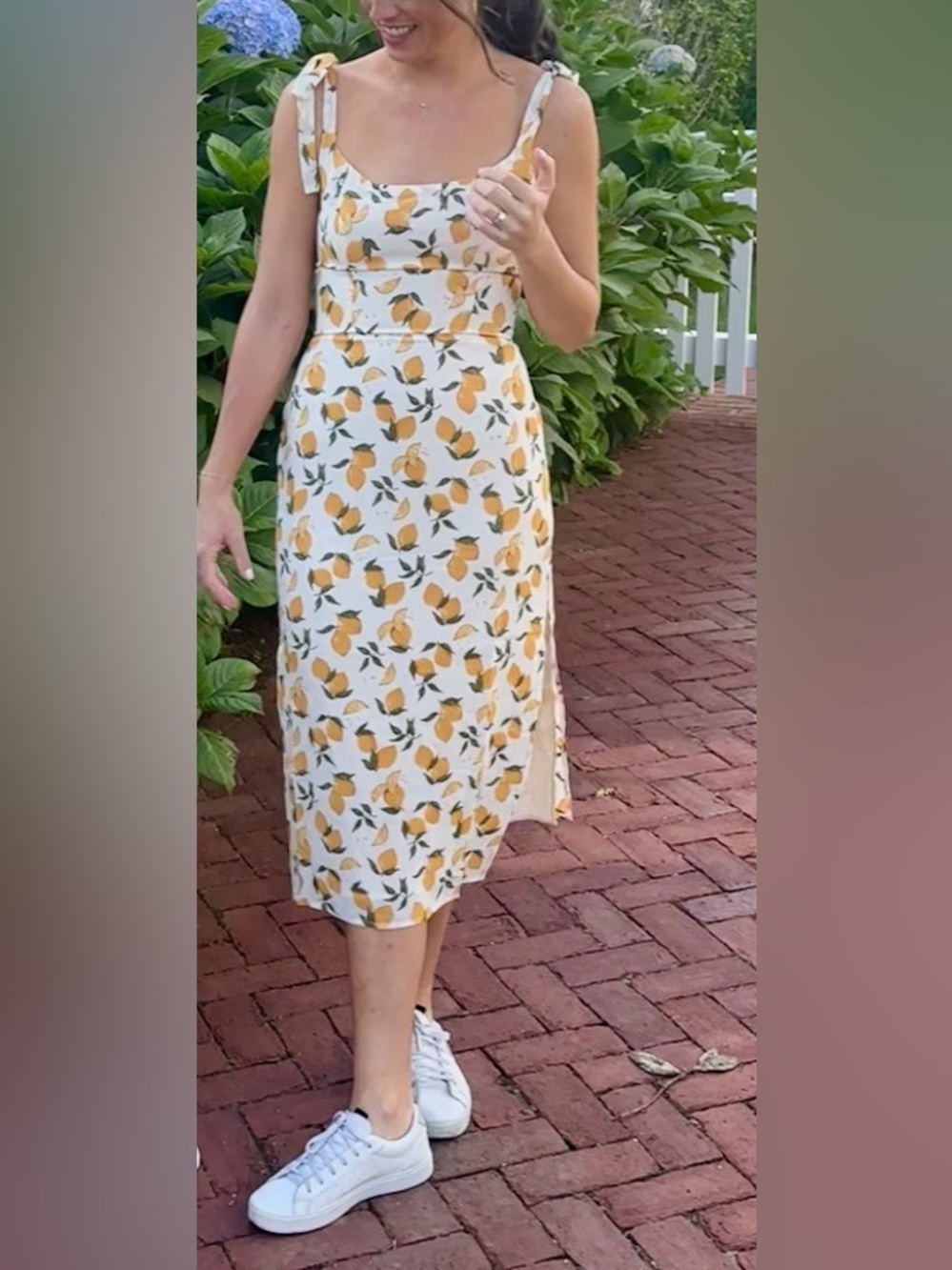 Reformation Dress: Tie-Shoulder Lemon Print Midi Dress